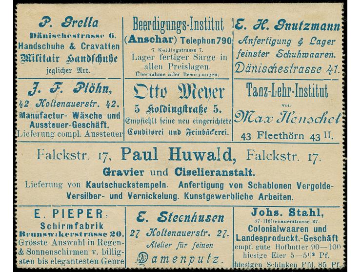 Courier: 1899, Ganzsachen-Anzeigenkartenbrief 4 Pfg. mit rückseitig 10 Anzeigen, gebraucht mit Stempel “COURIER KIEL 20.6.99”