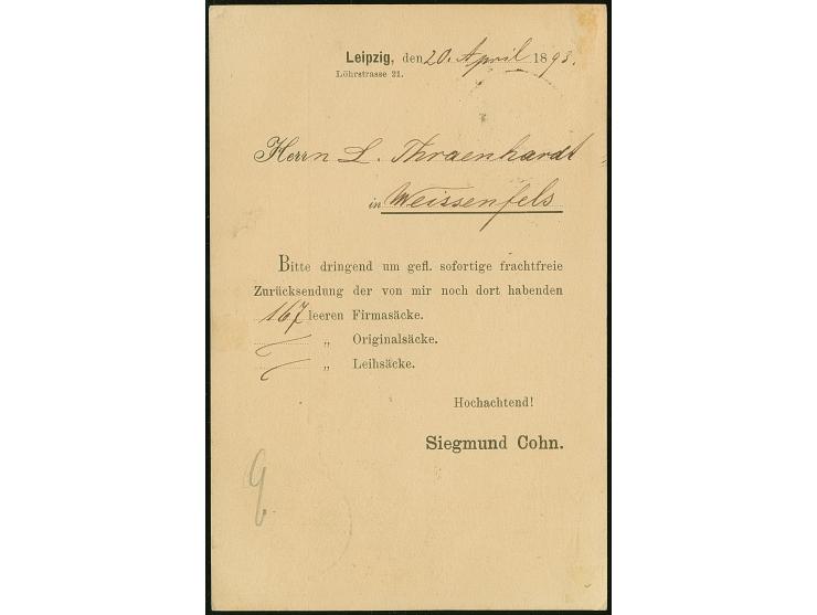 Courier: 1892, 2 Pfg. rotbraun mit Stempel “LEIPZIG LPZ.-COURIER 22.VI.93” auf Drucksachenkarte der Firma Sigmund Cohn nach W