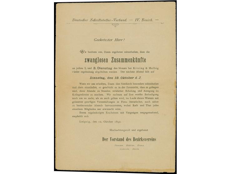 Courier: 1892, Ganzsachen-Kartenbrief 3½ Pfg. mit Zudruck “Deutscher Schriftsteller -Verband - IV. Bezirk” und Stempel “COURI