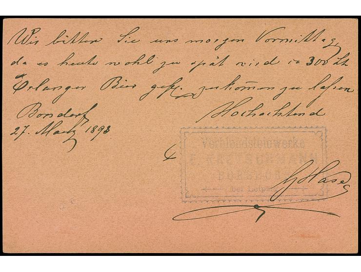 Courier: 1893, Ganzsachenkarte 3 Pfg. mit violettem Stempel “BORSDORF LPZ.-COURIER 27.III.93” und Text mit Firmenstempel “Ver