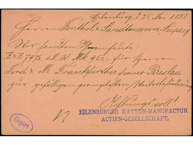 Courier: 1893, Ganzsachenkarte 3 Pfg. mit Stempel “EILENBURG LPZ.-COURIER 26.V.93” und viel Text nach Leipzig mit vorderseiti