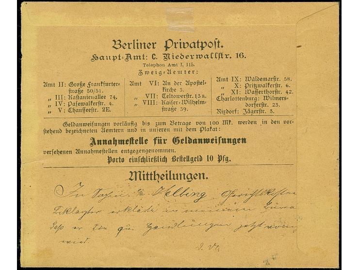 Berliner Privat-Postpost und Spedition AG: 1896, Ganzsachen-Umschlag “Geld-Anweisungs-Couvert” 10 Pfg. mit Zudruck “Hugo Plon