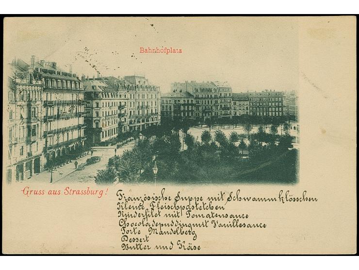 Privat-Brief-Verkehr: 1897, violetter Handstempel 3 Pfg. mit Rahmenstempel “STRASSBURG I/E. 19.9.97” auf Ansichtskarte mit Te