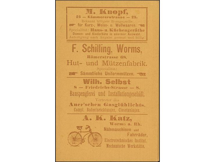 Wormatia: 1896, Ganzsachen-Doppelkarte 3 Pfg. mit violettem L2 “PRIVAT-BRIEFBEFÖRDERUNG WORMATIA” und vier Werbungen mit u.a.