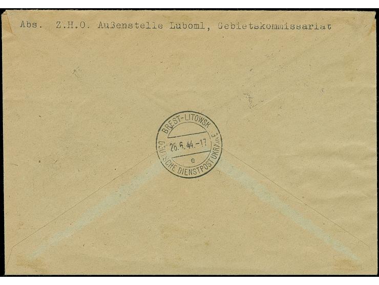 1944, Luboml 6-60 Pfennig mit Dienstsiegelentwertung zusammen mit Ostland Hitler 12 und 30 Pfennig mit Stempel “BREST-LITWOSK