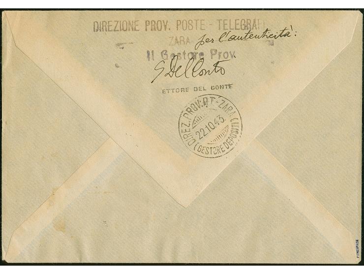 1943, 5 Centesimi - 5 Lire, je sauber mit Stempel “ZARA SUCC. 1 22.10.43” auf Blanko-Umschlag, 5,25 und 50 Centesimi in Aufdr