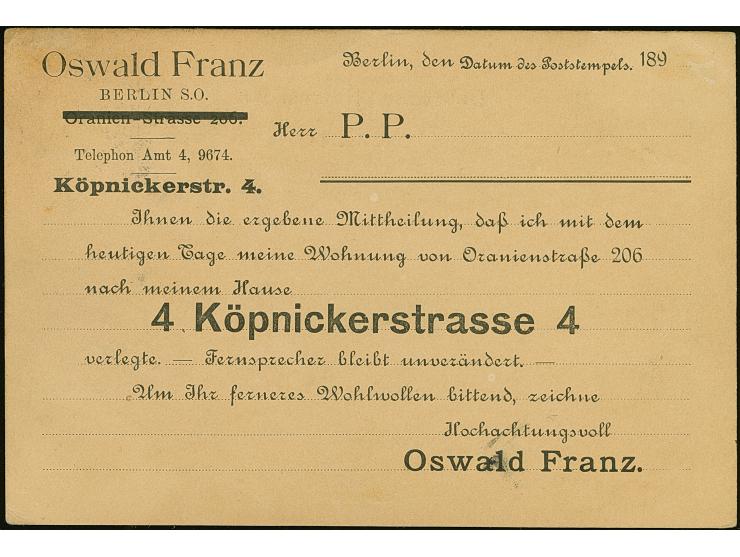 Berliner-Verkehrs-Anstalt: 1896, 1½ Pf.g grün mit Stempel “BERLINER-VERKEHRS-ANSTALT 22.9.96” überklebt auf Deutsches Reich K