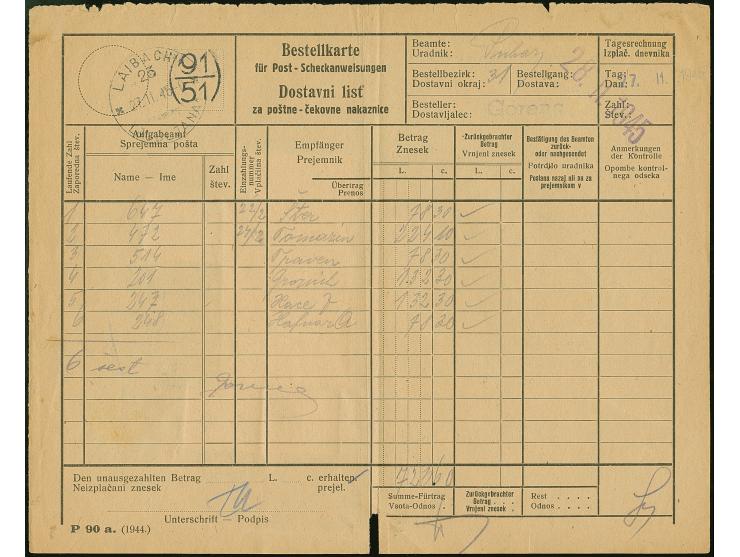1944, Eilmarke 1,25 Lire, senkrechter Dreierstreifen und drei Einzelwerte Porto 25 Centesime, &nbsp;mit Stempel "LAIBACH 23 2