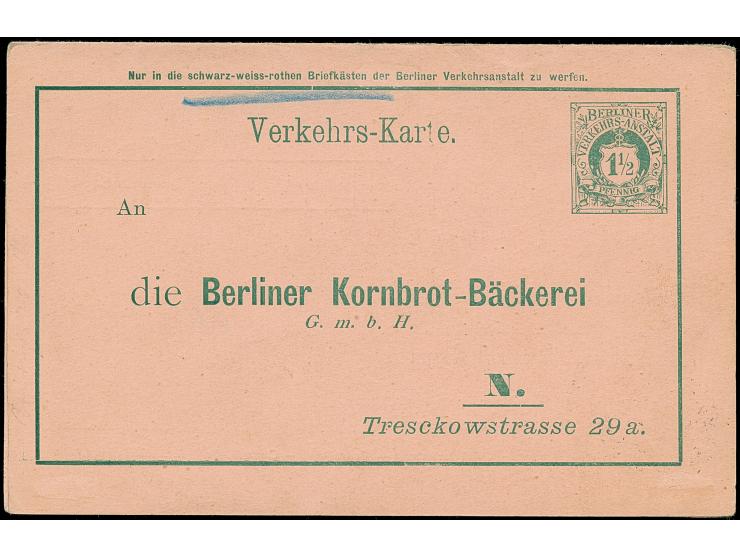 Berliner-Verkehrs-Anstalt: 1896, Ganzsachen-Doppelkarte auf Privat-Bestellung 1½ Pfg. “Berliner Kornbrot-Bäckerrei” mit Stemp