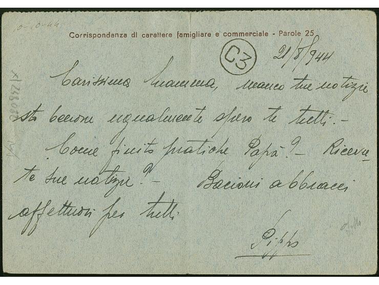 RHODOS: Ganzsachenkarte, Frageteil, datiert “21/8/1944” mit Stempel “POSTA AERA EGEO 23 8 44” entwertet, adressiert nach Boze