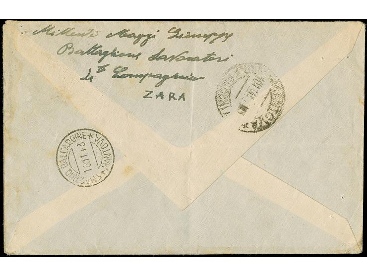 1943, Eilmarke 1,25 Lire und 50 Centesimi, sauber mit auf- und nebengesetztem Stempel “ZARA ARRIVE E PARTENZE 15 11 43” auf B