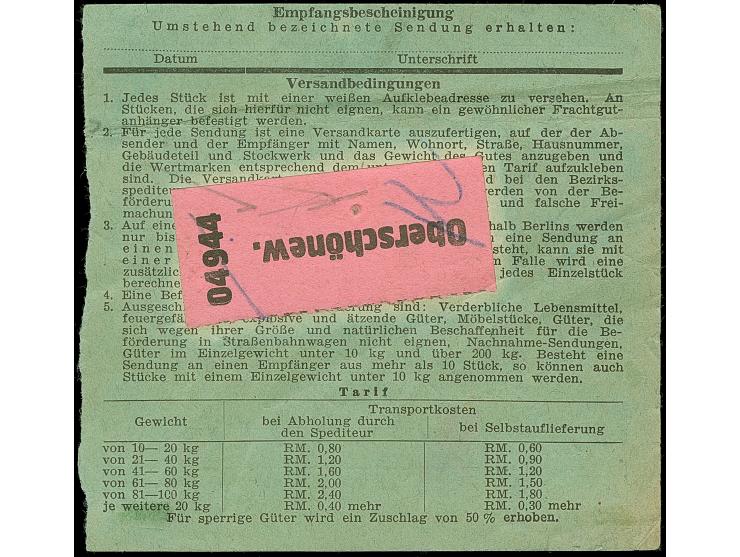 Stadt-Güter-Verkehr Berlin: 1944, 1,50 M. orangerot und Versicherungsmarke 15 Pfg. mit violettem Rahmenstempel “Stadt-Güterve