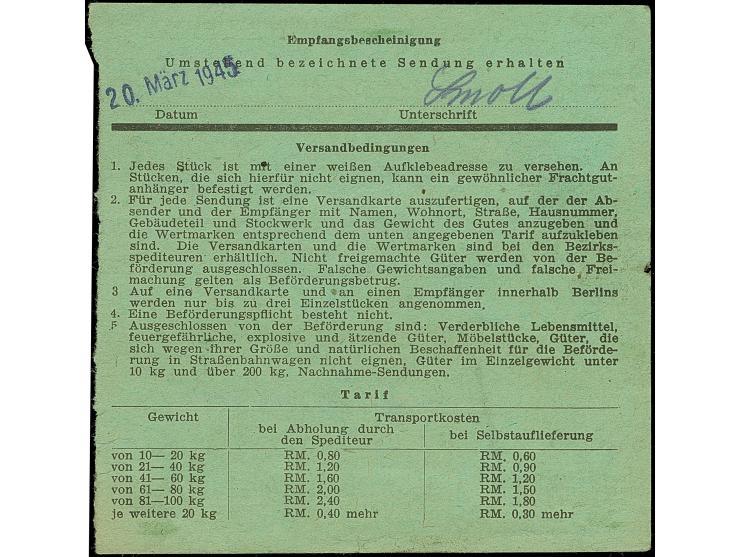 Stadt-Güter-Verkehr Berlin: 1944, 2,40 M. braun und 30 Pfg. grün sowie Versicherungsmarke 15 Pfg. mit undeutlichichem violett