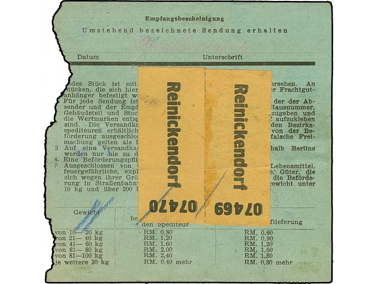 Stadt-Güter-Verkehr Berlin: 1944,60 Pfg. dunkelgrün im senkrechten Paar und 40 Pfg. hellblau sowie Versicherungsmarke 15 Pfg.