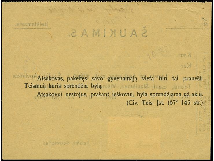 1941, 15 Kopeken, unüberdruckt, sauber mit Stempel “SIAILIAI 29.VIII.41” auf Vorladungskarte für einen Gerichtstermin, tadell
