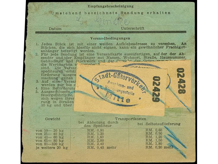Stadt-Güter-Verkehr Berlin: 1944, 80 Pfg. rotlila, zwei Einzelmarken und Versicherungsmarke 15 Pfg. mit violettem Ovalstempel