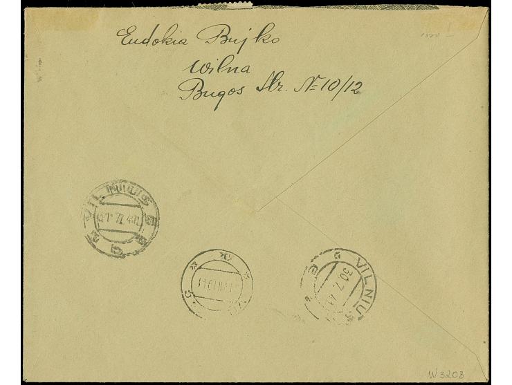 1941, Vilnius 15 Kopeken, waagerechtes Paar und zwei Einzelwerte, sauber mit Stempel “VILNIUS 29.7.41” auf Orts-R-Brief an di