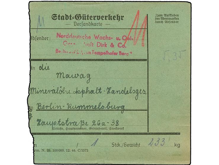 Stadt-Güter-Verkehr Berlin: 1944, 1,50 M. orangerot im senkrechten Paar und Einzelmarke, 1. Ausgabe 30 und 40 Pfg. sowie Vers