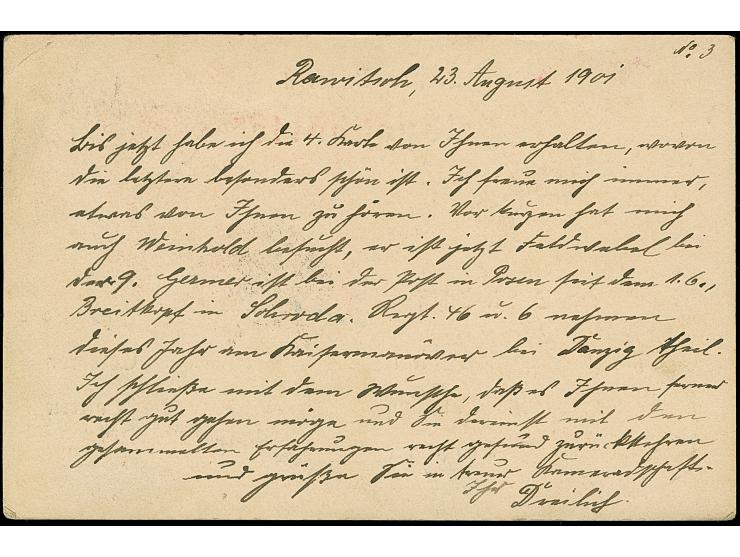 1901, Feldpostkarte-Vordruckkarte aus “RAWITSCH 28.8.01” an einen Feldwebel in China mit Ankunftsstempel “PEKING DP 17.10.01”