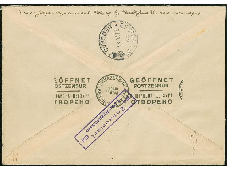 1941, Flugpost 12 auf 50 Dinar, sauber mit auf- und nebengesetztem Stempel “BEOGRAD 27.IX.41” auf überfrankiertem Orts-R-Brie