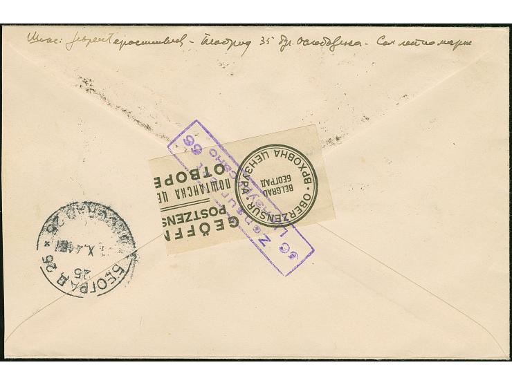 1941, Flugpost 1 auf 10 Dinar und 8 auf 40 Dinar, sauber mit auf- und nebengesetztem Stempel “BEOGRAD 30.X.41” auf Orts-R-Bri