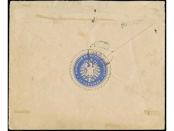 10 Pfg., 2 Einzelstücke, und 20 Pfg., mit blauem "ZANZIBAR 12/9 90" auf dreiseitig geöffnetem Briefkuvert an die geographisch