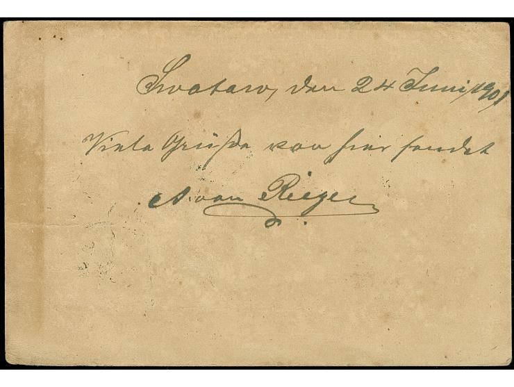 1898, Coiling Dragons 1 c. ocher vertical strip of three neatly tied by bilingual cds “SWATOW 24 JUN 01” to postal stationery