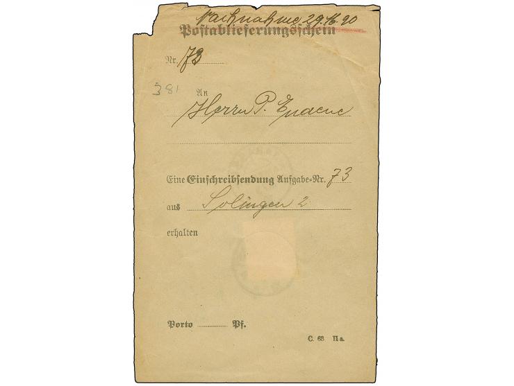 1906, Kaiseryacht 10 Pfg. mit Stempel “JABASSI KAMERUN 30.3.12” auf rückseitig auf Posteinlieferungsschein für einen R-Nachna