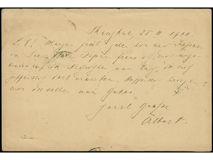 1897/1909, Coiling Dragon ½ c. brown, 1 c. ochre and 2 c. red tied by cds. “SHANGHAI LOCAL POST MRZ.30” on postal stationery 