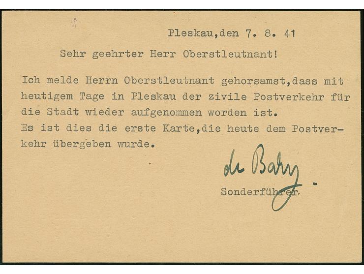 1941, “PLESKAU” schräger Handstempelaufdruck in grauultramarin, kopfstehend, von rechts oben nach links unten, sauber auf Gan