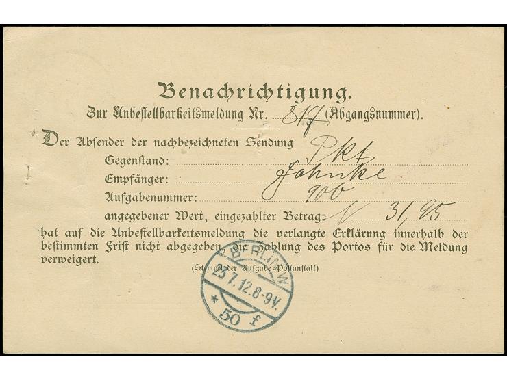 1912, Postsachen-Vordruckkarte “Erledigte Unbestellbarkeitsmeldung” von “BERLIN W50 273.7.12 an das Postamt Lüderitzbucht mit