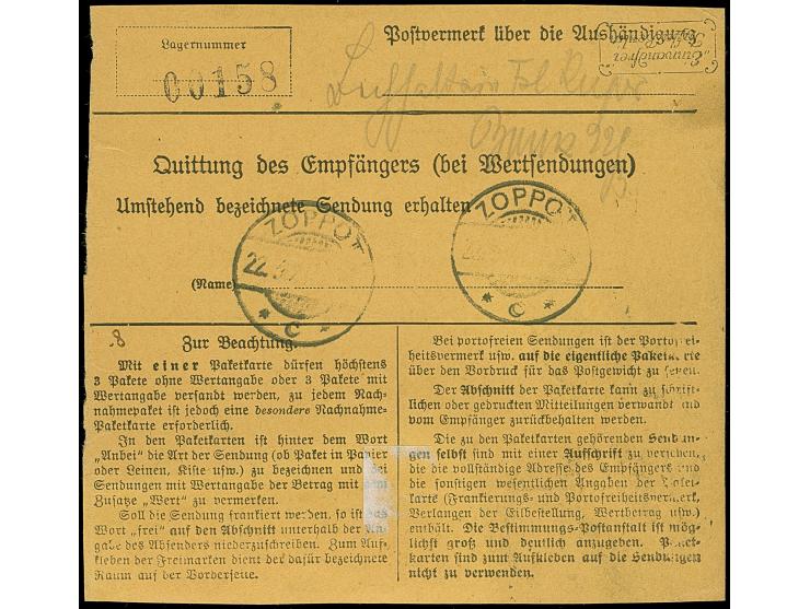 1920, 1,25 Mark opalgrün, sauber mit Korkstempel auf Paketkarte von “Danzig 5 Siemens-Schuckertwerke” mit nebengesetztem Stem