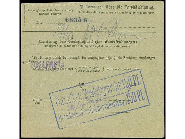 1920, 2 Mark blau, zwei Einzelwerte als Paar geklebt, sauber mit Stempel “NEUTEICH 18.10.20” auf Paketkarte nach Berlin, unau