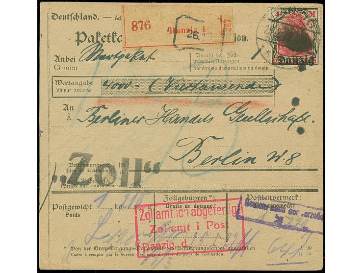 1920, 1,50 Mark braun, zwei Einzelwerte, sowie 4 Mark, vier Einzelwerte, vorder- und rückseitig mit Korkstempel auf Wertpaket