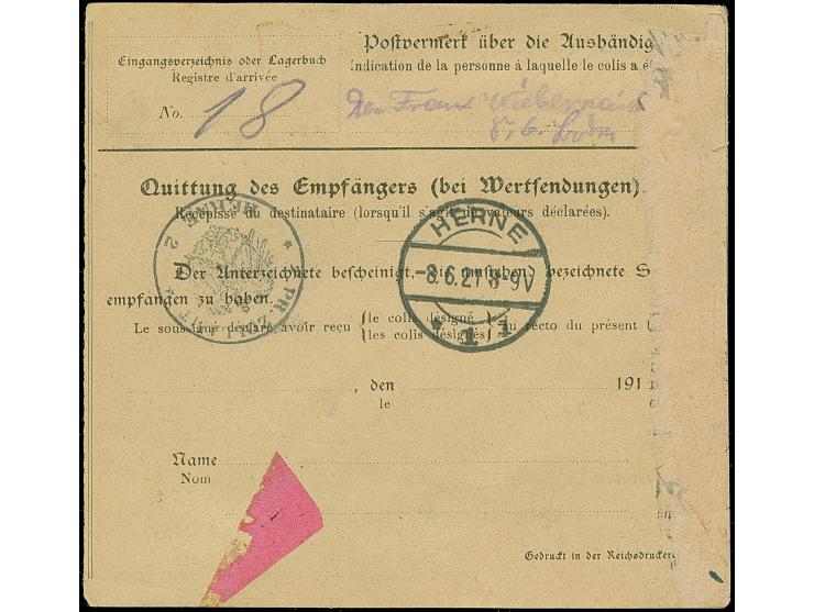 1920, 4 Mark braunschwarz/lilarot, zwei Einzelwerte, sauber mit Federzug und Stempel “DANZIG NEUFAHRWASSSR -2.6.21” auf Paket