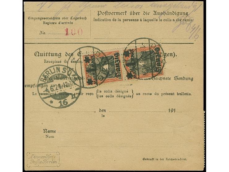1920, 5 Mark grünschwarz/lilarot sowie Germania mit Netzunterdruck 1 Mark auf 30 Pfennig, senkrechtes Paar, vorder- und rücks