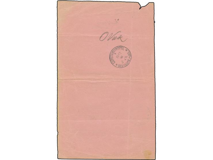 1899, rosafarbiger, zweisprachiger Rückschein für einen R-Brief aus Hamburg mit Stempel "CONSTANTINOPEL DP 1** 10.1.99. Das F