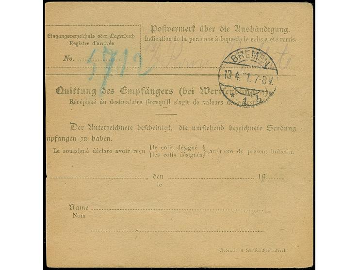 1920, 2,50 Mark lilarot, zusammen mit Kogge, zwei Einzelwerten 25 Pfennig und Einzelwert 1 Mark, mit Kork- bzw. Aufgabestempe