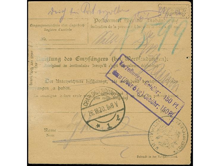 1920, 5 Mark auf 2 Pfennig, Spitzen nach oben, sauber mit Stempel “DANZIG 20.12.20” bzw. Korkstempel auf Eil-Wertpaketkarte n