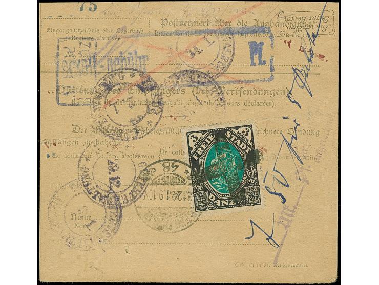 1920, 5 Mark auf 2 Pfennig, Spitzen nach oben sowie Kogge 3 Mark, vorder- und rückseitig mit Stempel “DANZIG 30.11.21” bzw. K