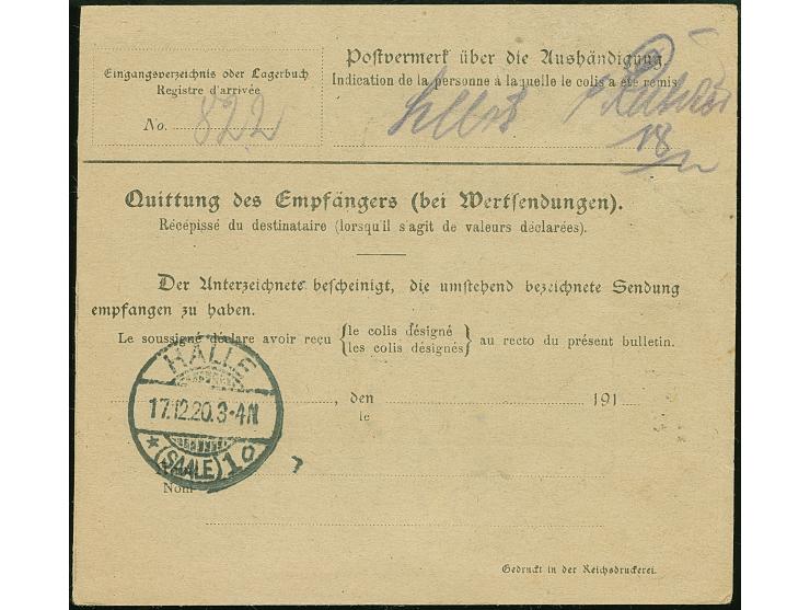 1920, 1¼ Mark auf 3 Pfennig, Spitzen nach unten, senkrechtes Paar, sauber mit Korkstempel auf Paketkarte mit nebengesetztem S