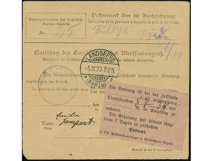 1920, 2 Mark auf 35 Pfennig, Spitzen nach unten, mit Zufrankatur mit Korkstempel auf Wertpaketkarte mit nebengesetztem Aufgab