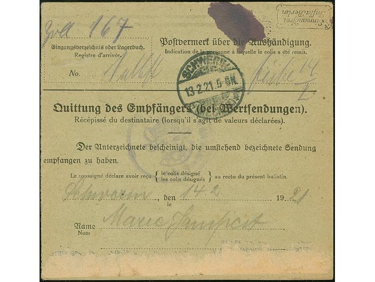 1920, 2 Mark auf 35 Pfennig, Spitzen nach oben, mit Zufrankatur mit Korkstempel auf Paketkarte mit nebengesetztem Aufgabestem