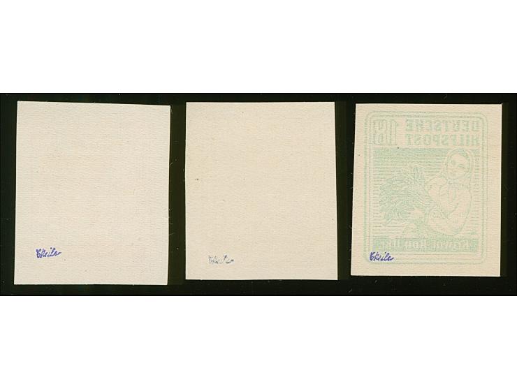 1944, Bäuerin 18 Pfg., lebhaftrot, schwärzlichgelbsmaragdgrün und dunkelrotbraun, kpl., ungezähnt, auf Papier ohne Gummi wie 