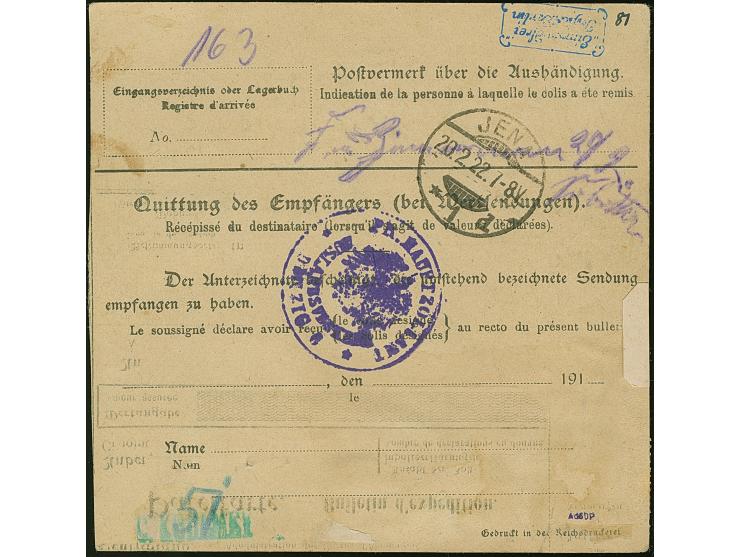 1921, 3 Mark senkrechtes Paar und Einzelwert, sauber mit Korkstempel auf Paketkarte mit nebengesetztem Aufgabestempel “DANZIG