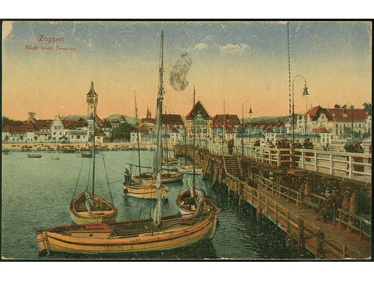 1922, Großes Staatswappen 50 Mark rot/gold, liegendes Wasserzeichen, sauber mit Stempel “ZOPPOT -9.6.22” auf Eil-R-Postkarte 