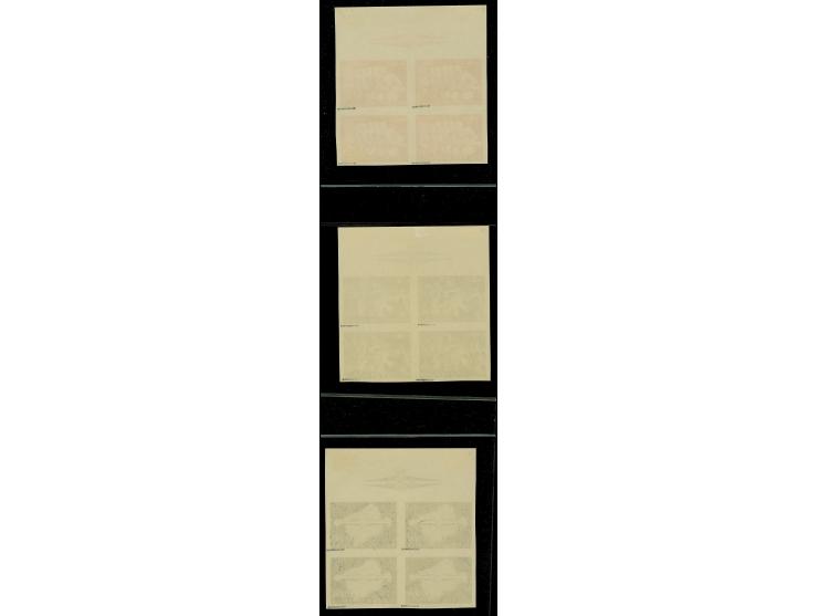 1945, Storm Division 50-100 k. imperforate proofs, blocks of four with upper sheet margin with badge of Storm Division, mint 