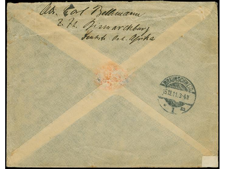 "BISMARCKBURG DOA 1.11.11" mehrfach sauber auf 4 Einzelwert und 3er-Streifen Kaiseryacht 7½ H. auf Bedarfs-R-Brief der Pflanz