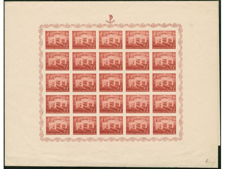 1942, National welfare “Pomoc” 4+2 k. deep carmine brown, imperforated printing sheet, showing two complete miniature sheets 
