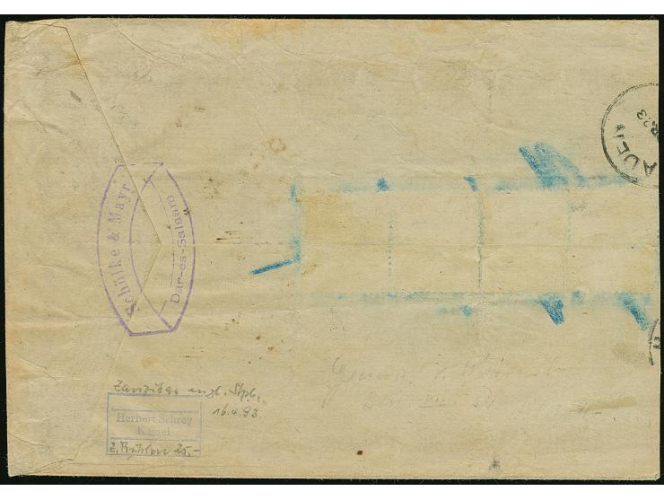 20 Pfg. im waagerechten 5er-Streifen, mit britischem Rechteck-Stempel "ZANZIBAR AP 16 93" auf nicht ganz komplettem Briefkuve